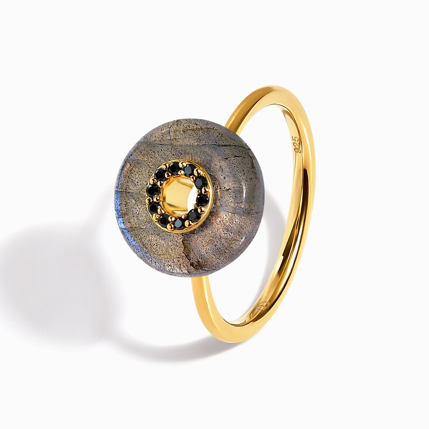 Labradorite Black Spinel Fidget Ring - Liora - LABR.BSP-GOLD-WR-DONUT-3LABYG