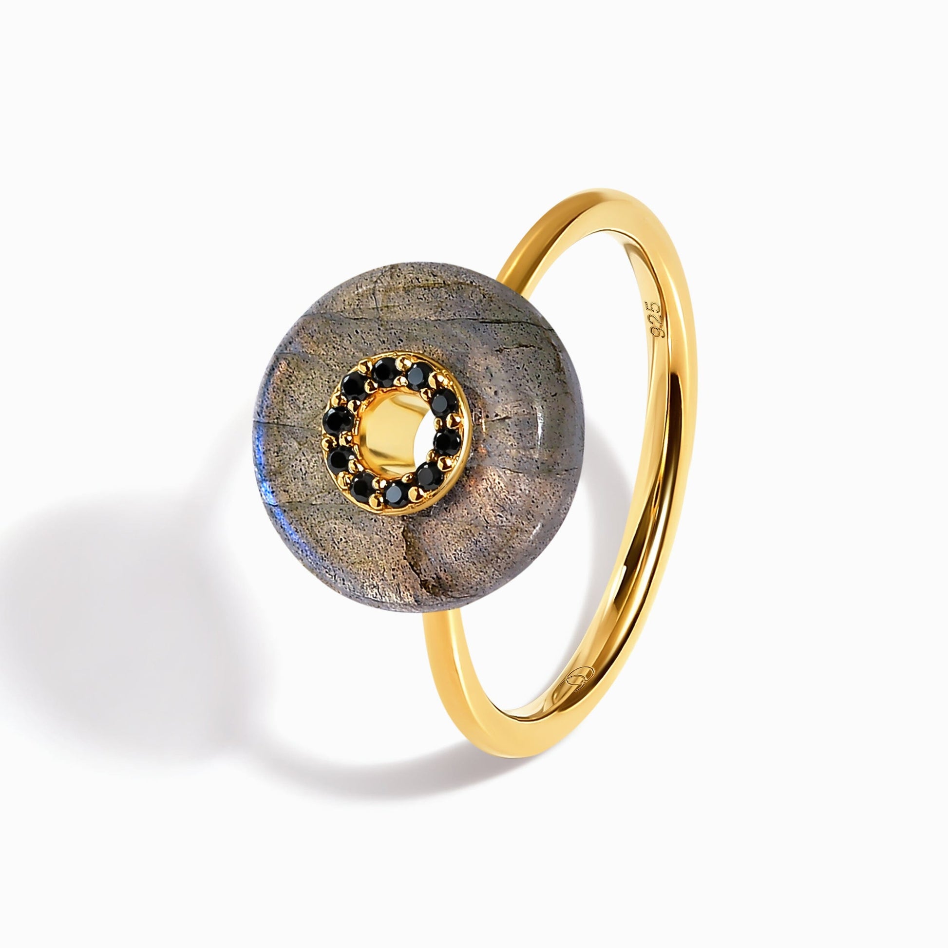 Labradorite Black Spinel Fidget Ring - Liora - LABR.BSP-GOLD-WR-DONUT-3LABYG