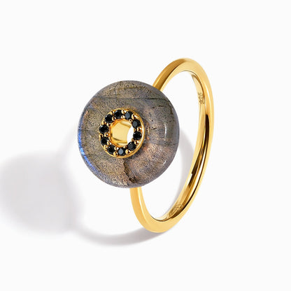 Labradorite Black Spinel Fidget Ring - Liora - LABR.BSP-GOLD-WR-DONUT-3LABYG