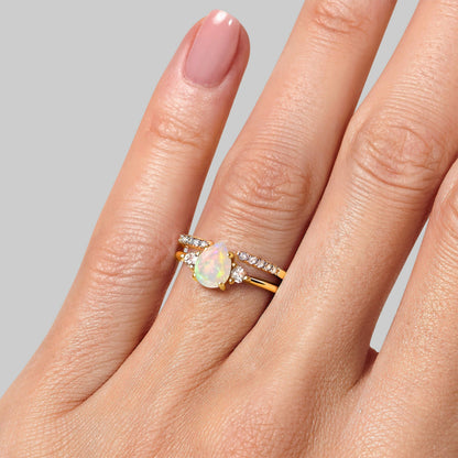 Opal Lania Ring & Twinkling Band - yellow gold on hand