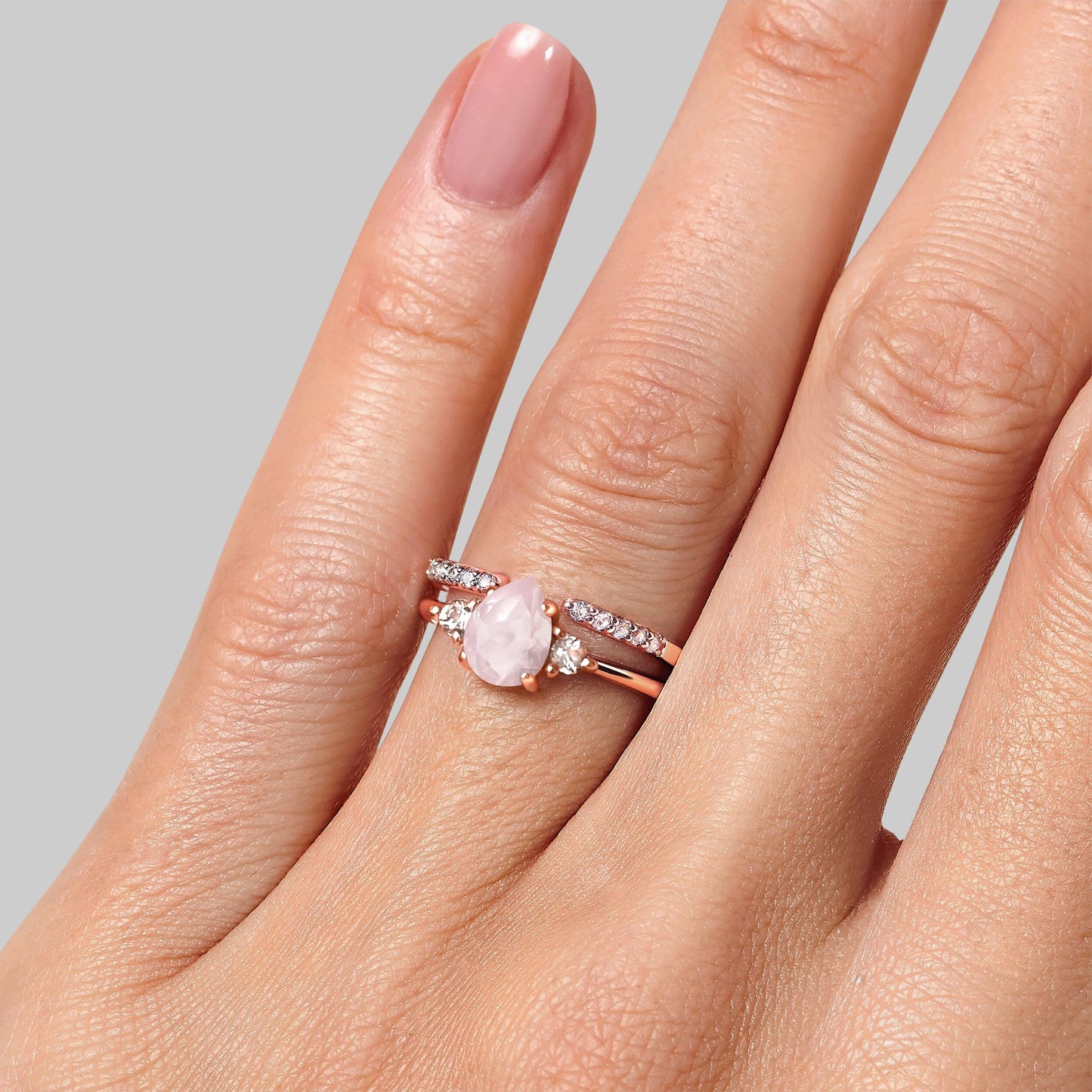 Rose Quartz Lania Ring & Twinkling Band - on hand rose gold