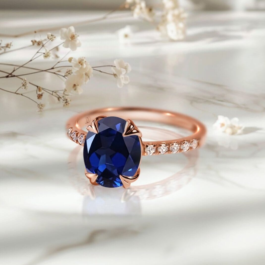 Blue Sapphire Ring Harlow - rose gold on marble