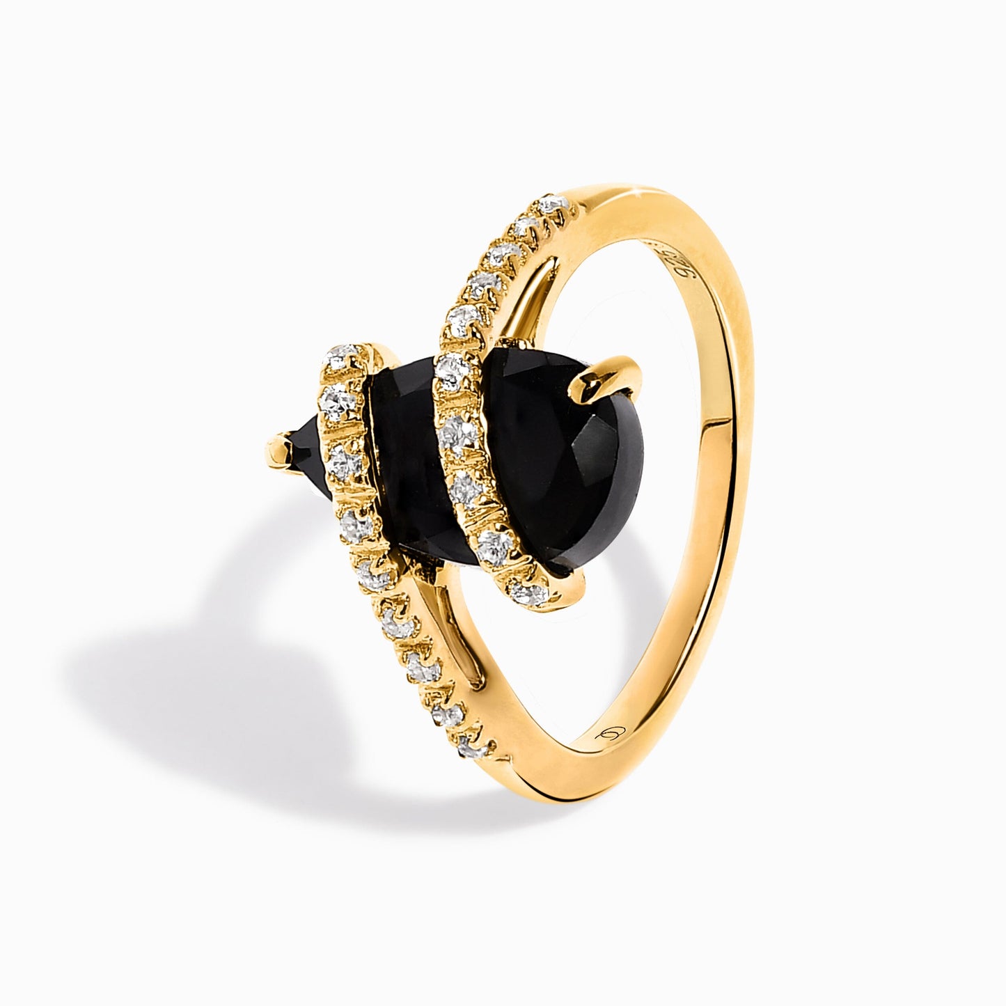 Black Obsidian White Zircon Ring - Bypass yellow gold detail