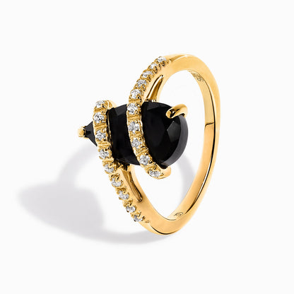 Black Obsidian White Zircon Ring - Bypass yellow gold detail