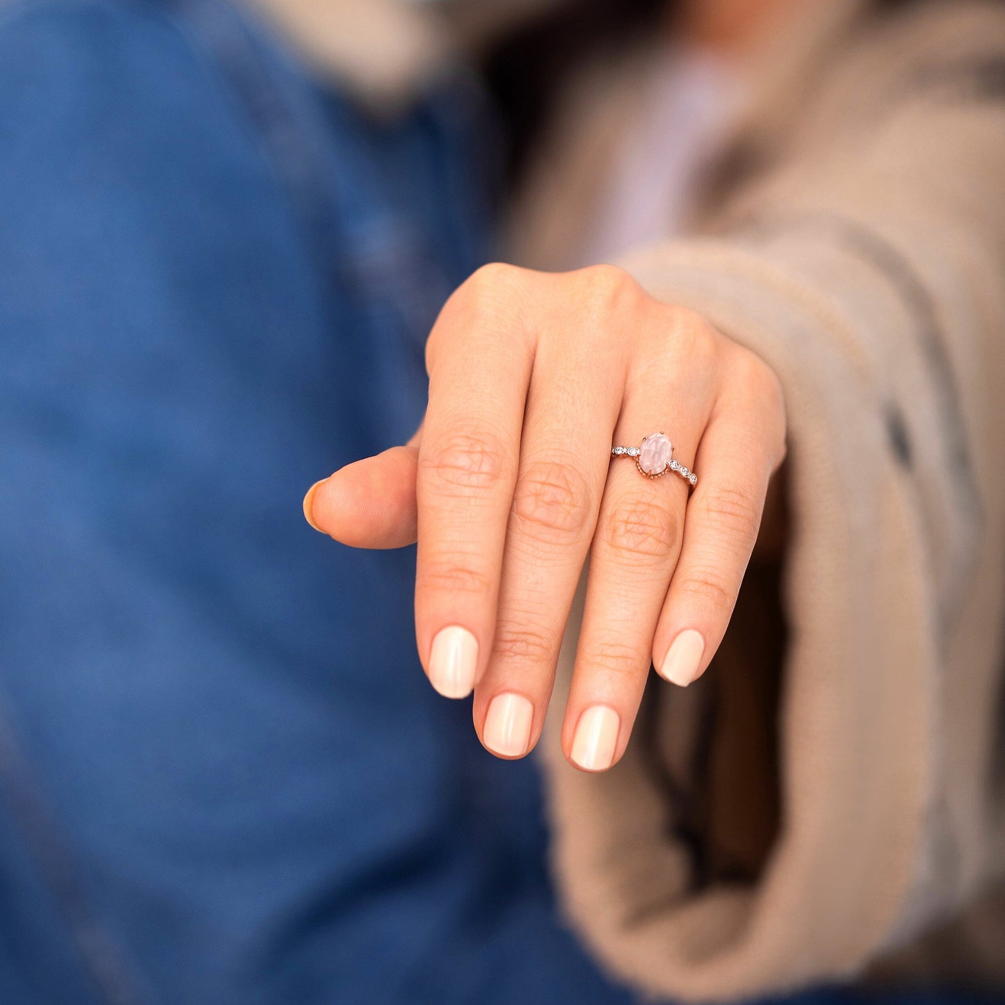 Rose Quartz Lab Diamond Ring - Mirth - white gold macro
