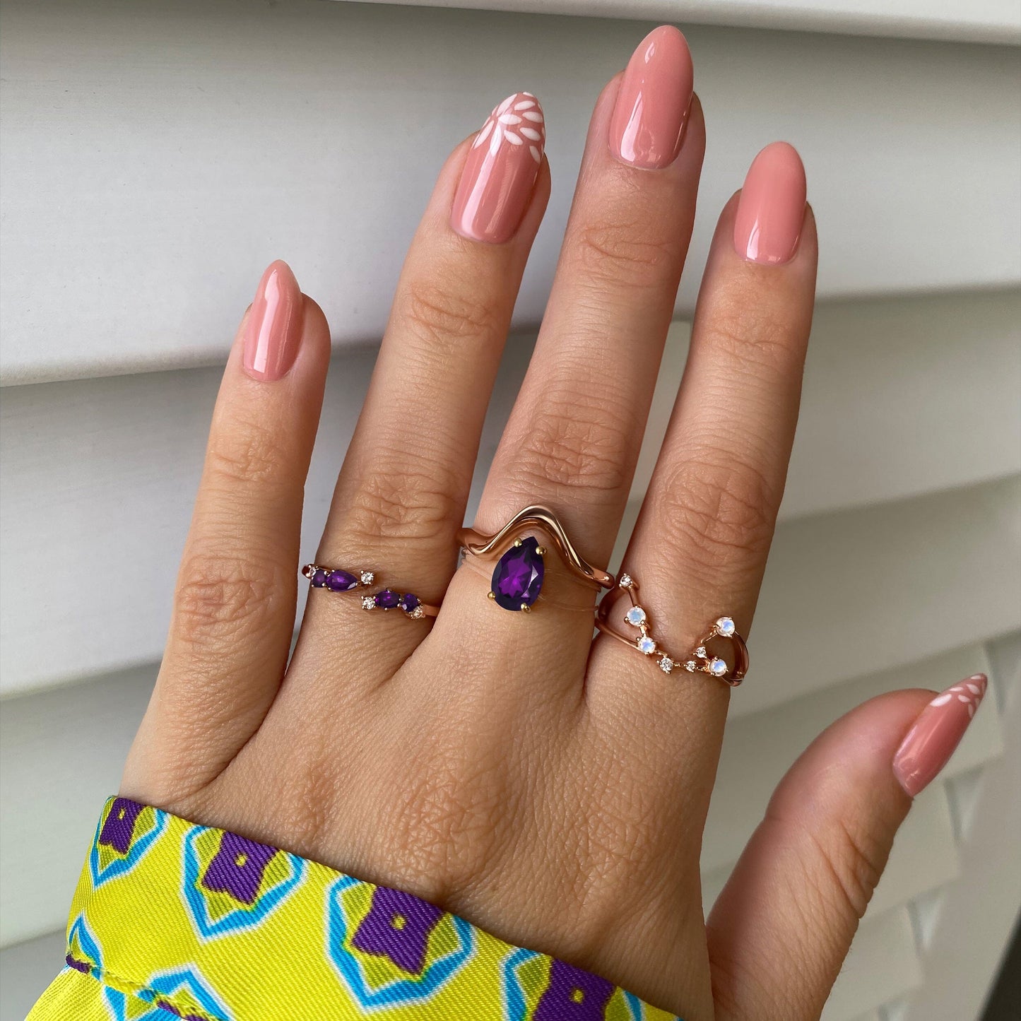 Adjustable Amethyst Ring Flourish - rose gold macro