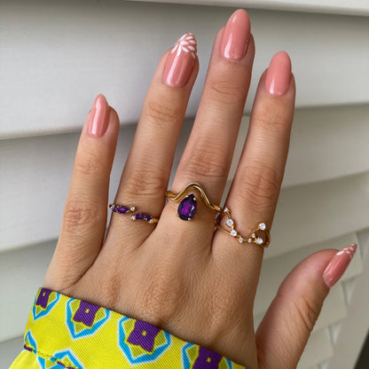 Adjustable Amethyst Ring Flourish - yellow gold macro