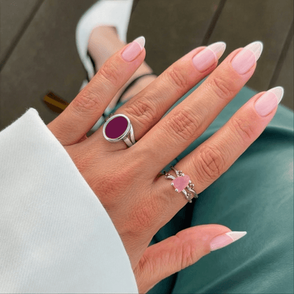 Rose Quartz Ruby Ring - Flow, silver detail