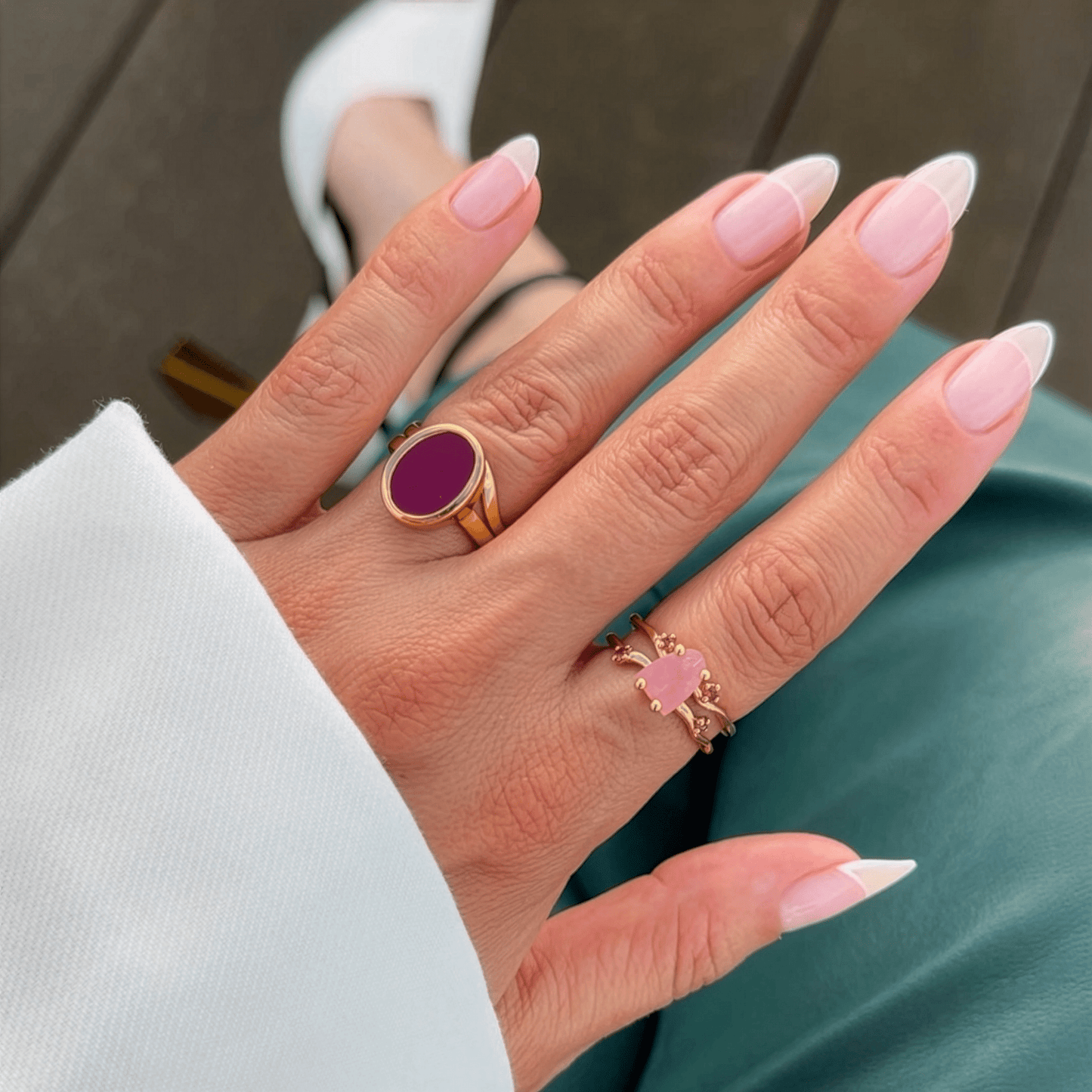 Rose Quartz Ruby Ring - Flow, yellow gold detail
