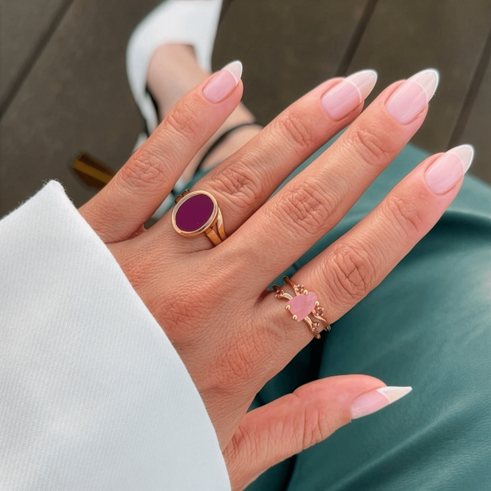 Rose Quartz Ruby Ring - Flow, yellow gold detail