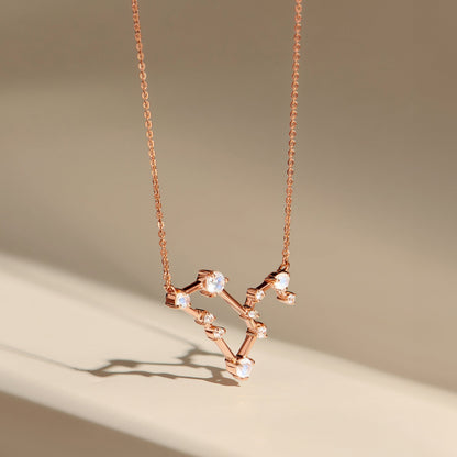 Fine Moonstone Lab Diamond Necklace - Leo Zodiac Constellation - rose gold flatlay