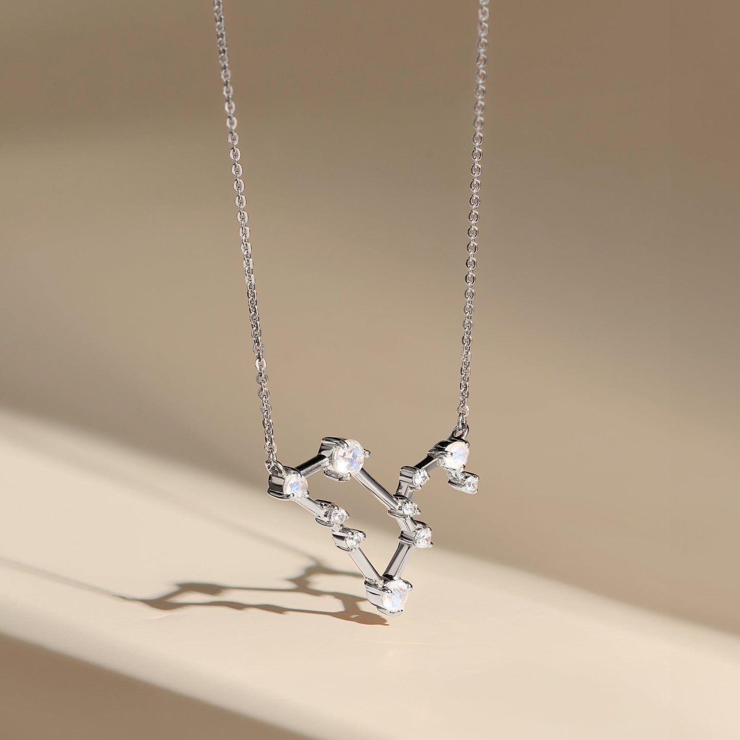 Fine Moonstone Lab Diamond Necklace - Leo Zodiac Constellation - sterling silver flatlay