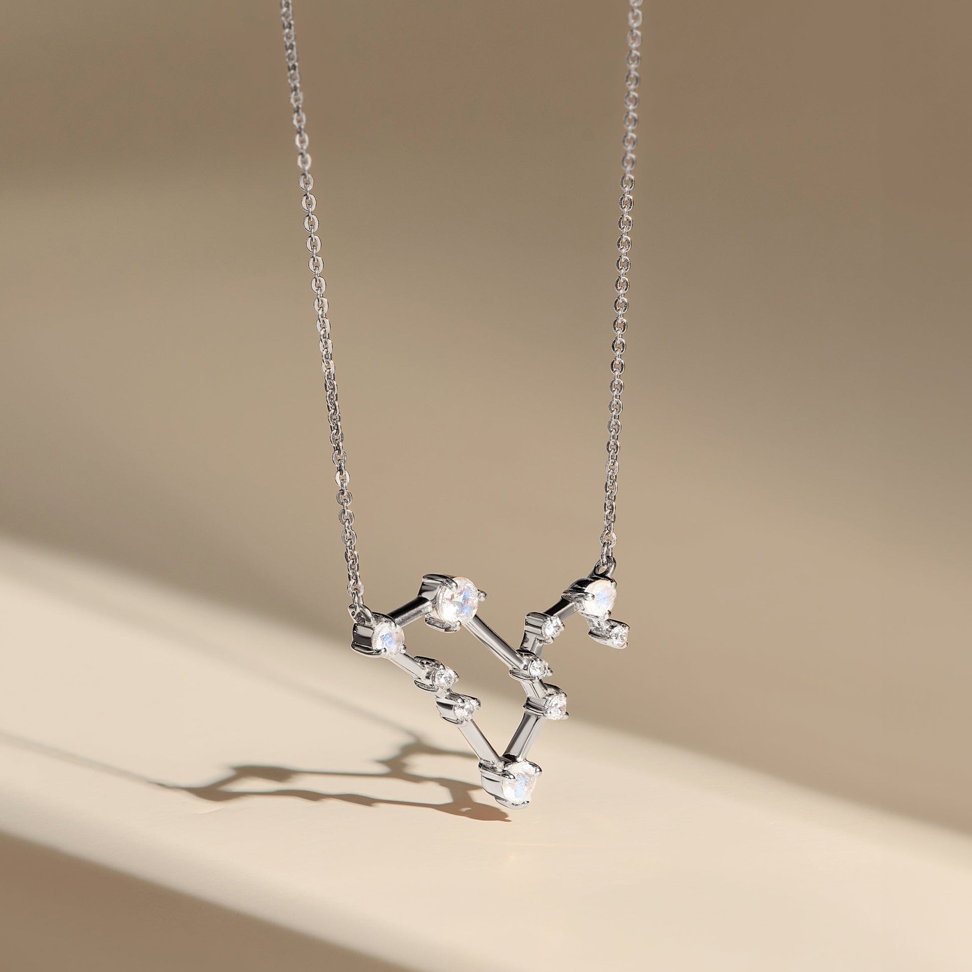 Fine Moonstone Lab Diamond Necklace - Leo Zodiac Constellation - sterling silver flatlay