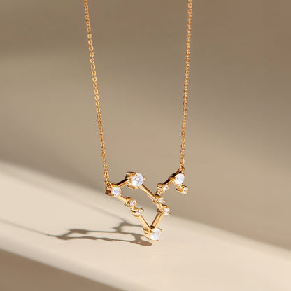 Fine Moonstone Lab Diamond Necklace - Leo Zodiac Constellation - yellow gold flatlay