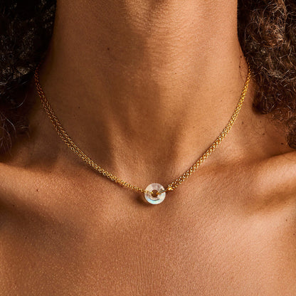 Moonstone Necklace - Ora - yellow gold vermeil on neck