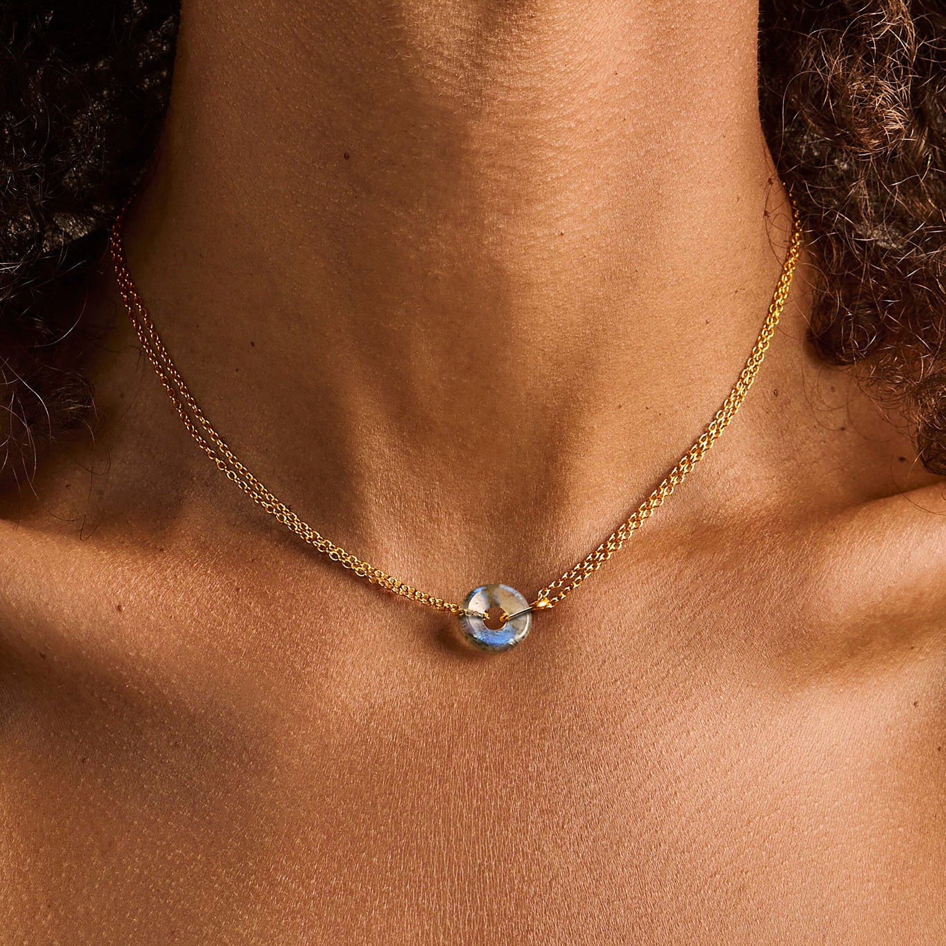 Labradorite Necklace Ora gold worn