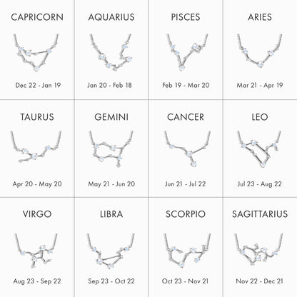 Aries Zodiac & March Birthstone Necklaces - silver zodiac chart