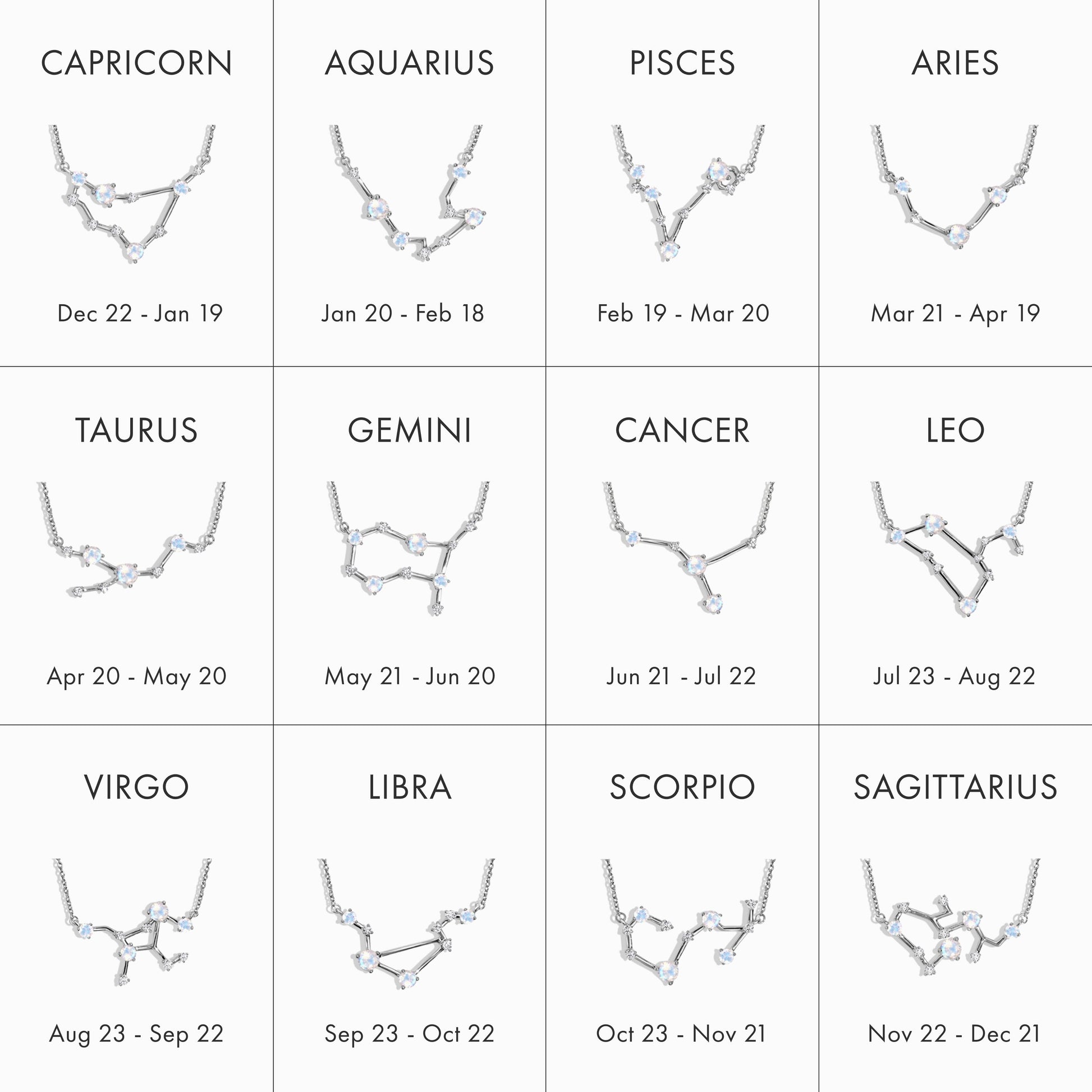 Capricorn Zodiac & January Birthstone Necklaces - silver zodiac chart