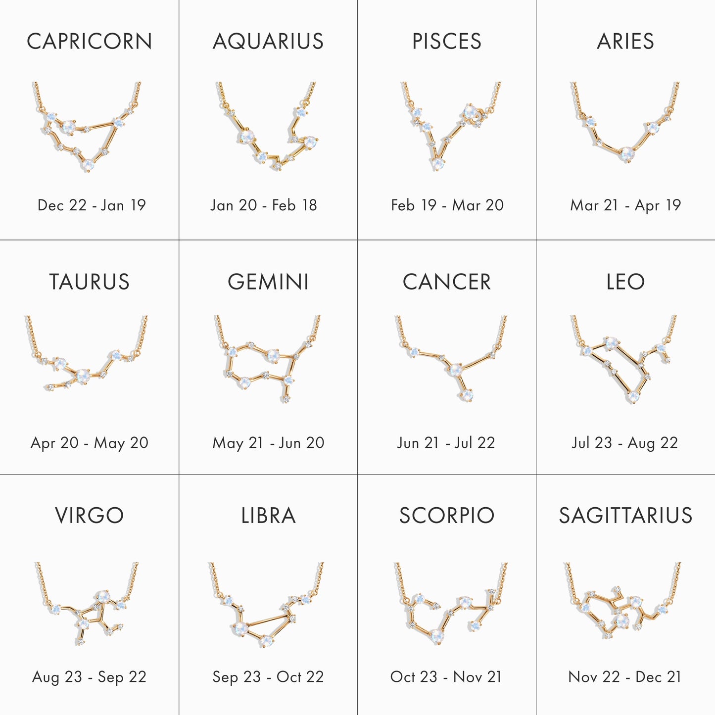 Capricorn Zodiac & January Birthstone Necklaces - yellow gold zodiac chart