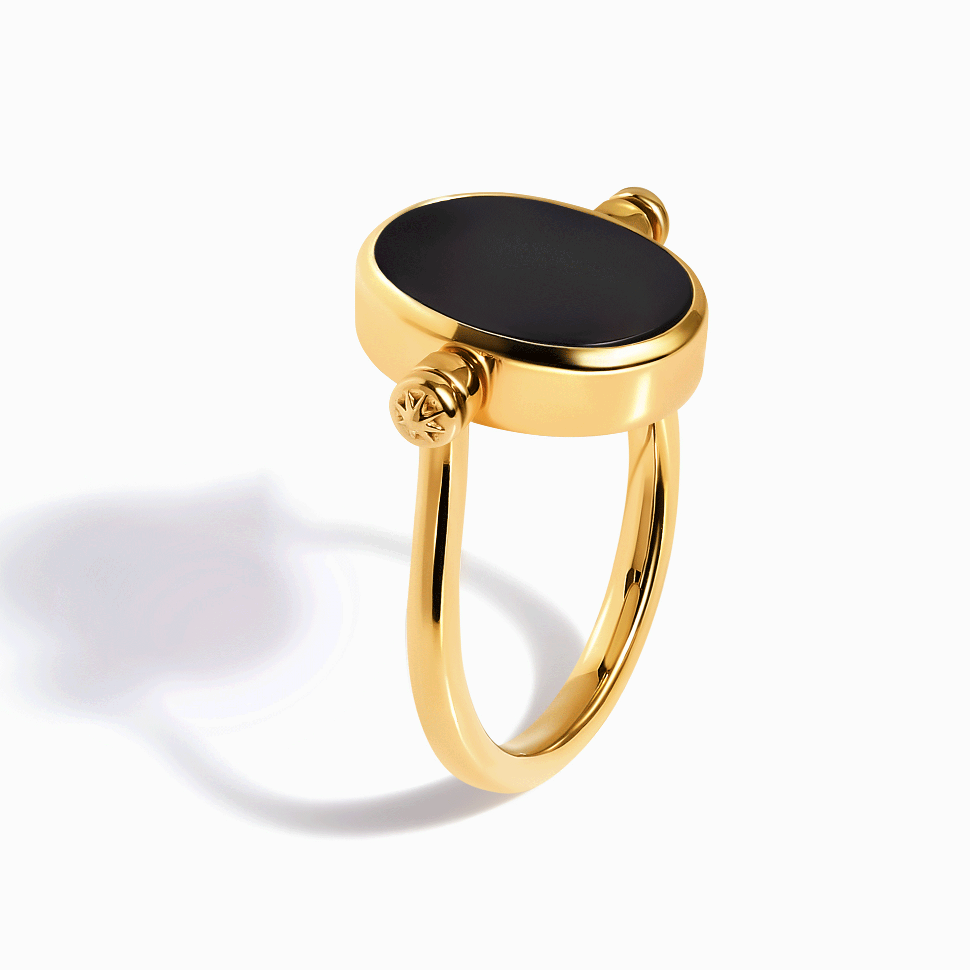 Black Onyx Mother of Pearl Fidget Ring - yellow gold spinning