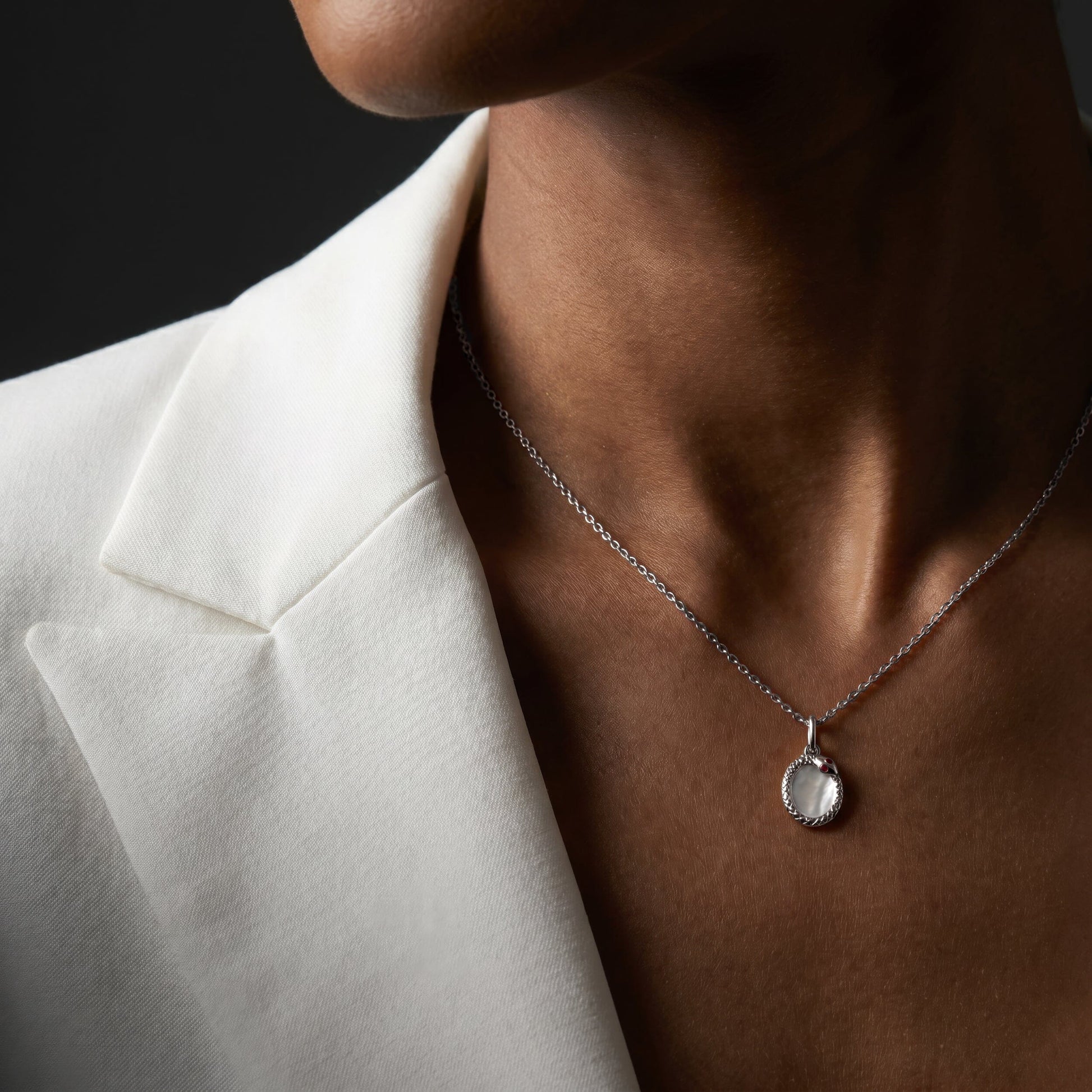 Mother of Pearl Ruby Necklace - Serpent - silver worn