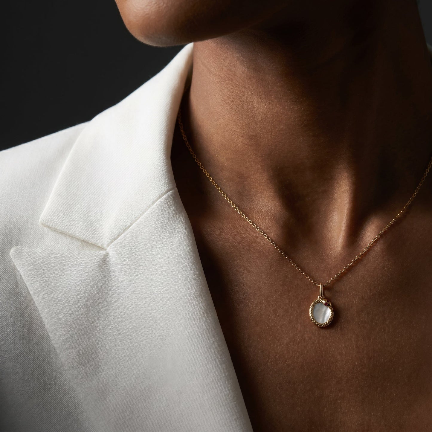Mother of Pearl Ruby Necklace - Serpent - yellow gold worn
