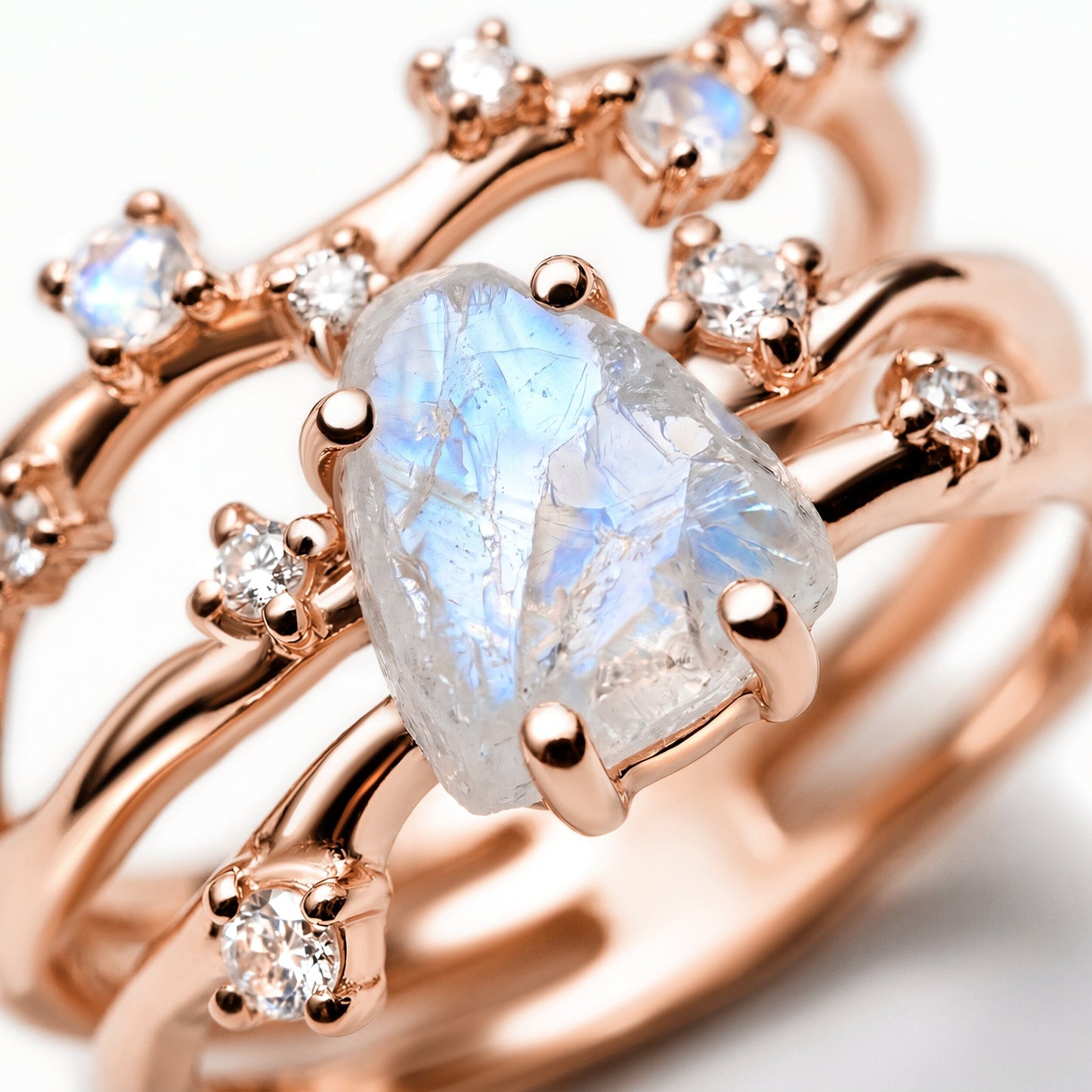 Moonstone Flow & Stardust Rings - closeup RG