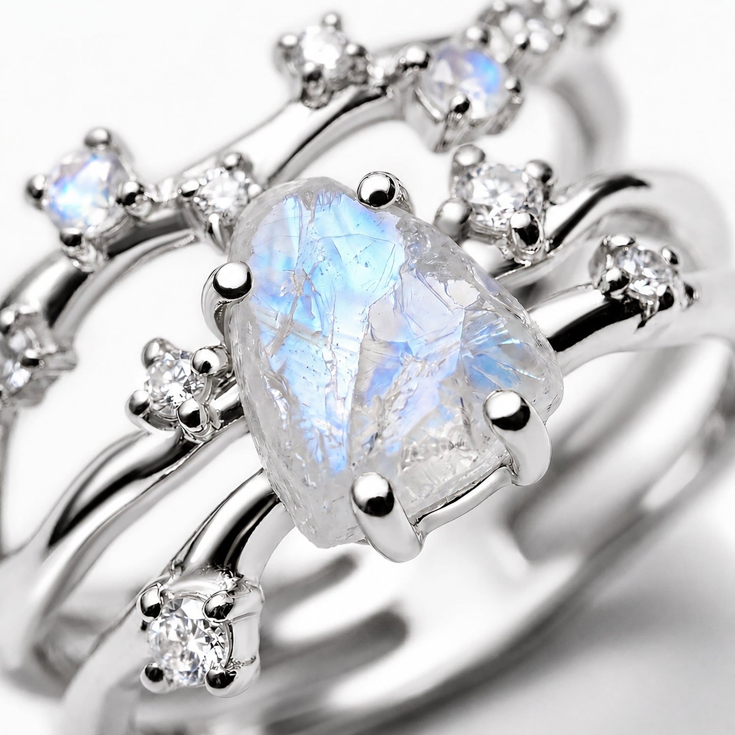 Moonstone Flow & Stardust Rings - closeup SIL
