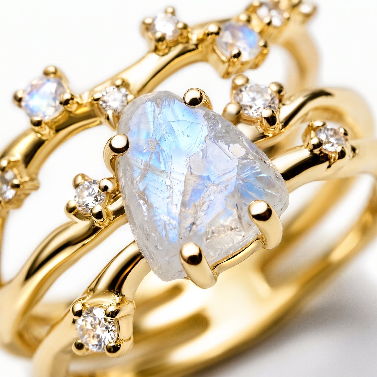 Moonstone Flow & Stardust Rings - closeup YG
