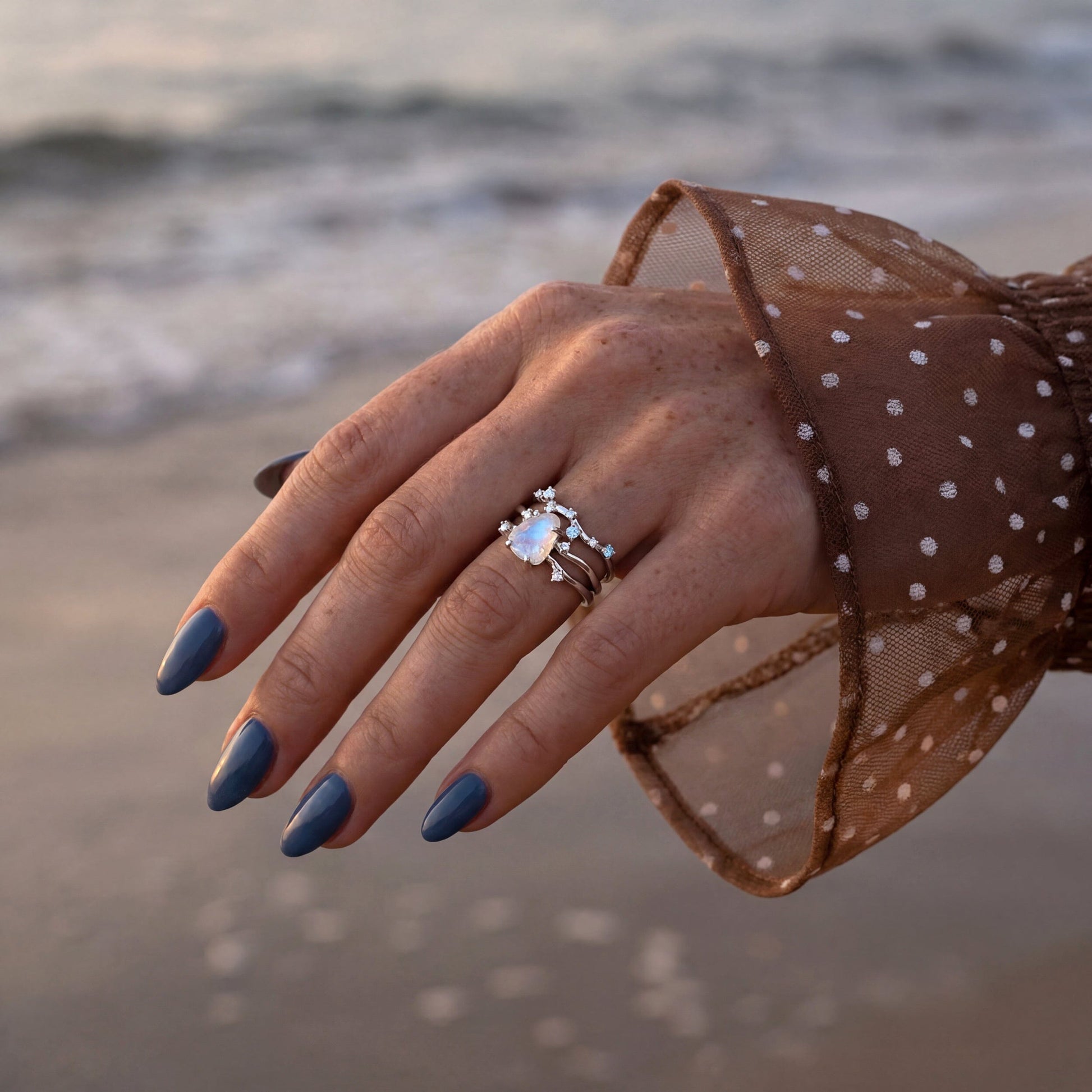Moonstone Flow & Stardust Rings - macro SIL