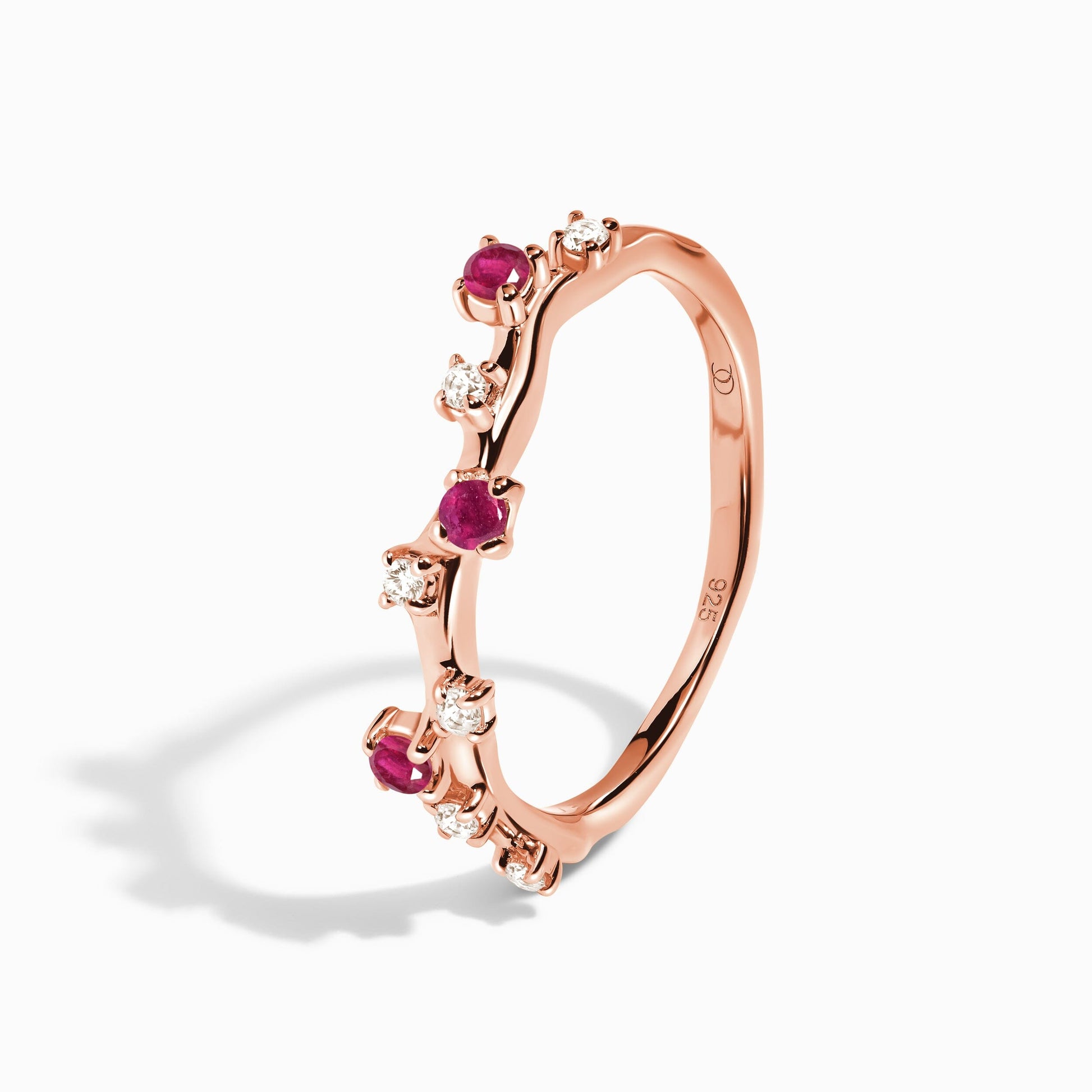 Rose Quartz Flow & Ruby Stardust Rings, rose gold perspective