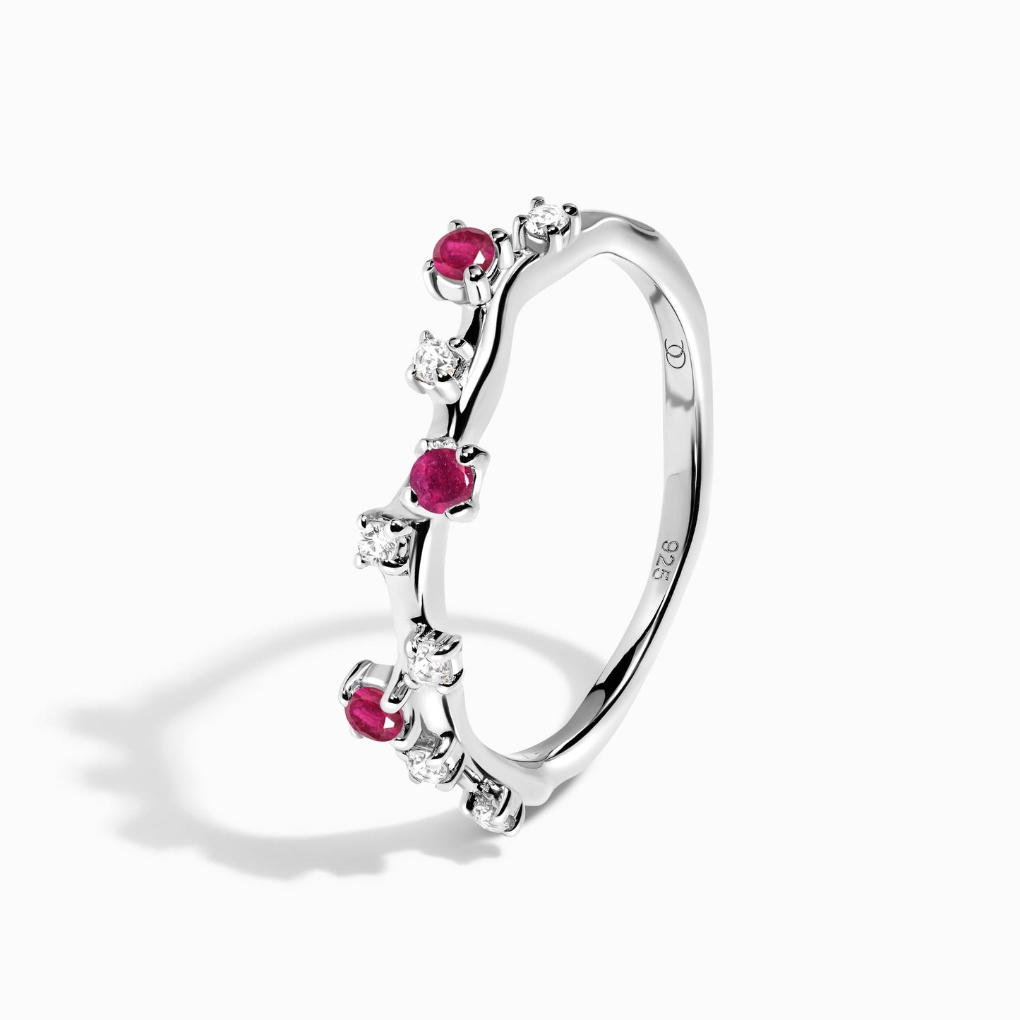 Rose Quartz Flow & Ruby Stardust Rings, silver perspective