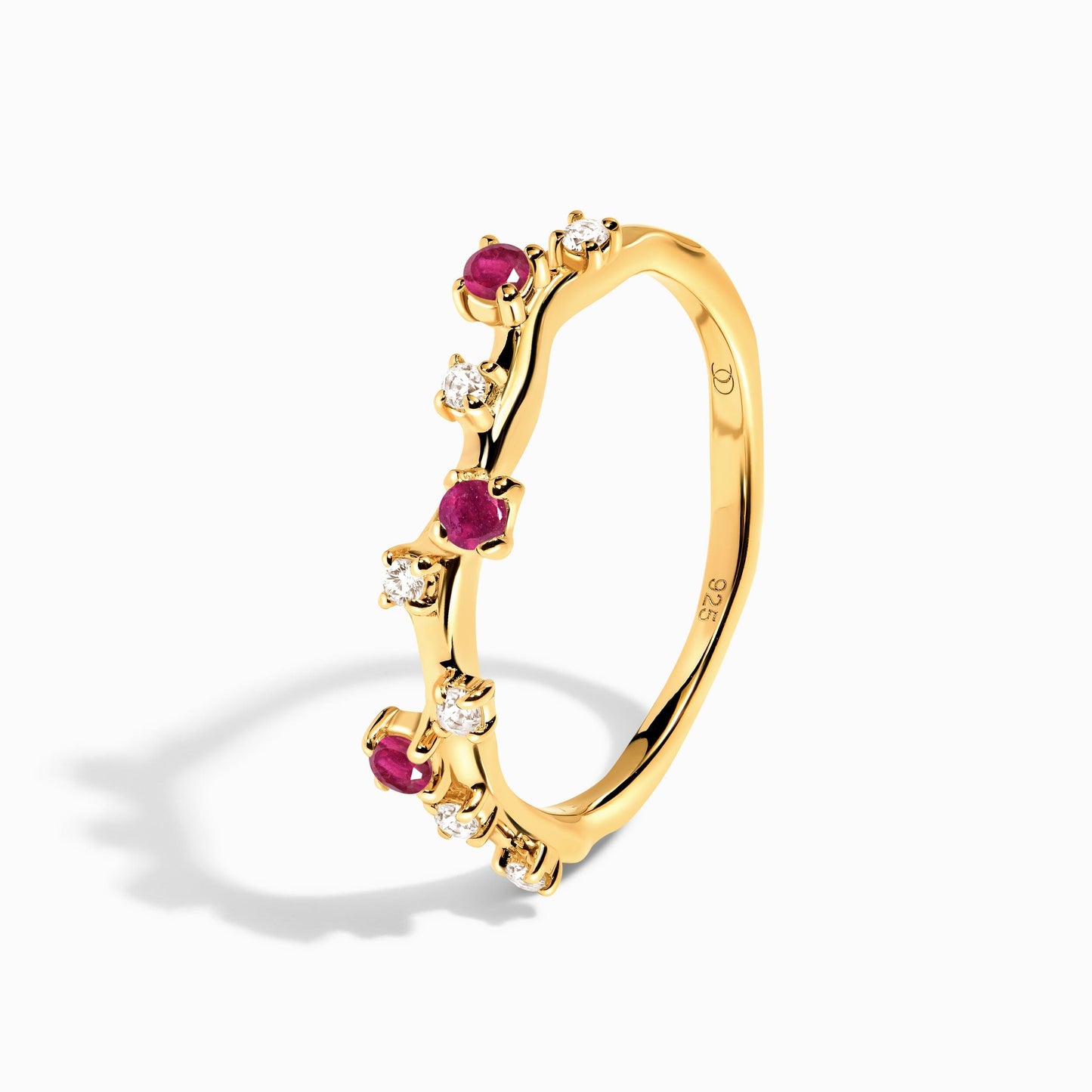 Rose Quartz Flow & Ruby Stardust Rings, yellow gold perspective