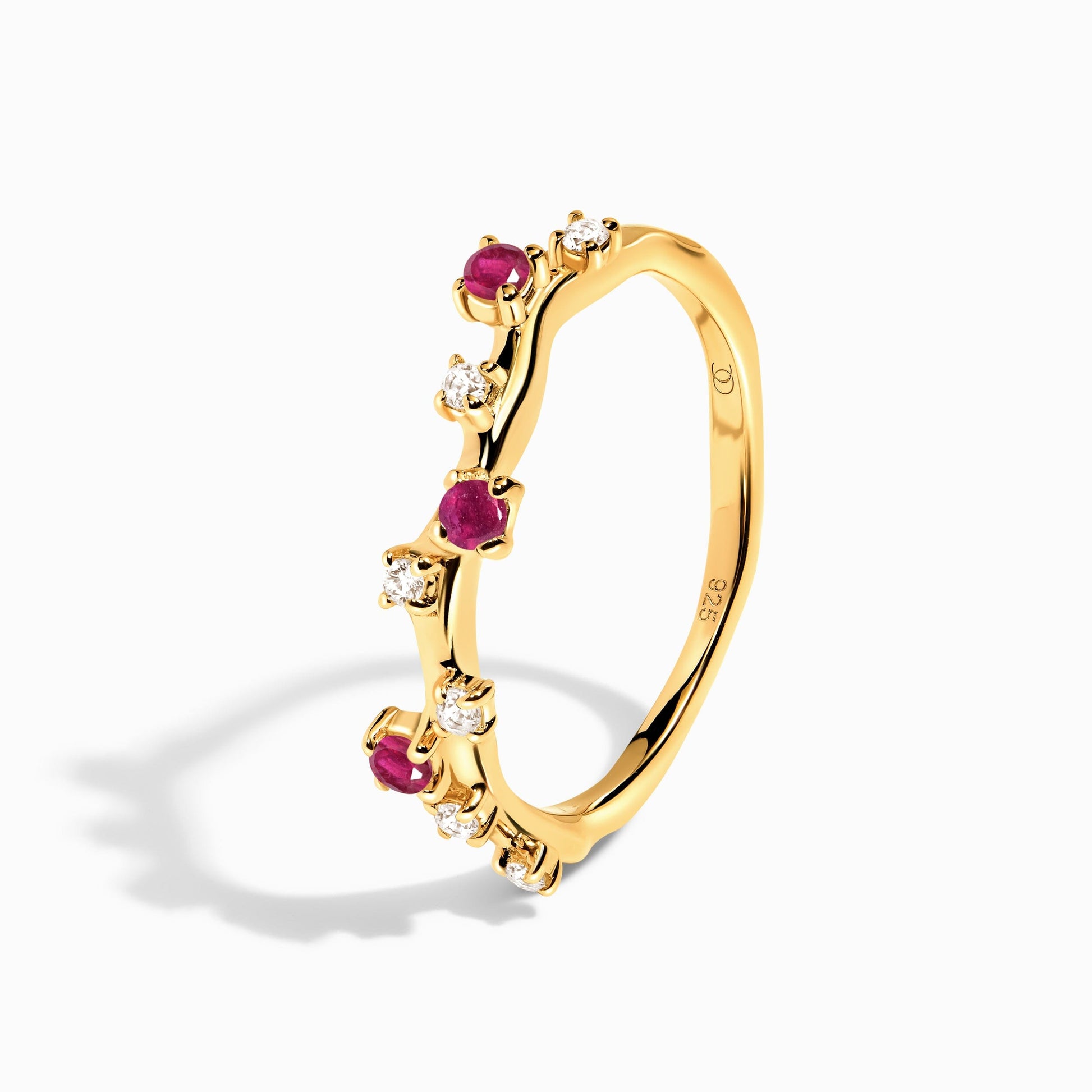 Rose Quartz Flow & Ruby Stardust Rings, yellow gold perspective