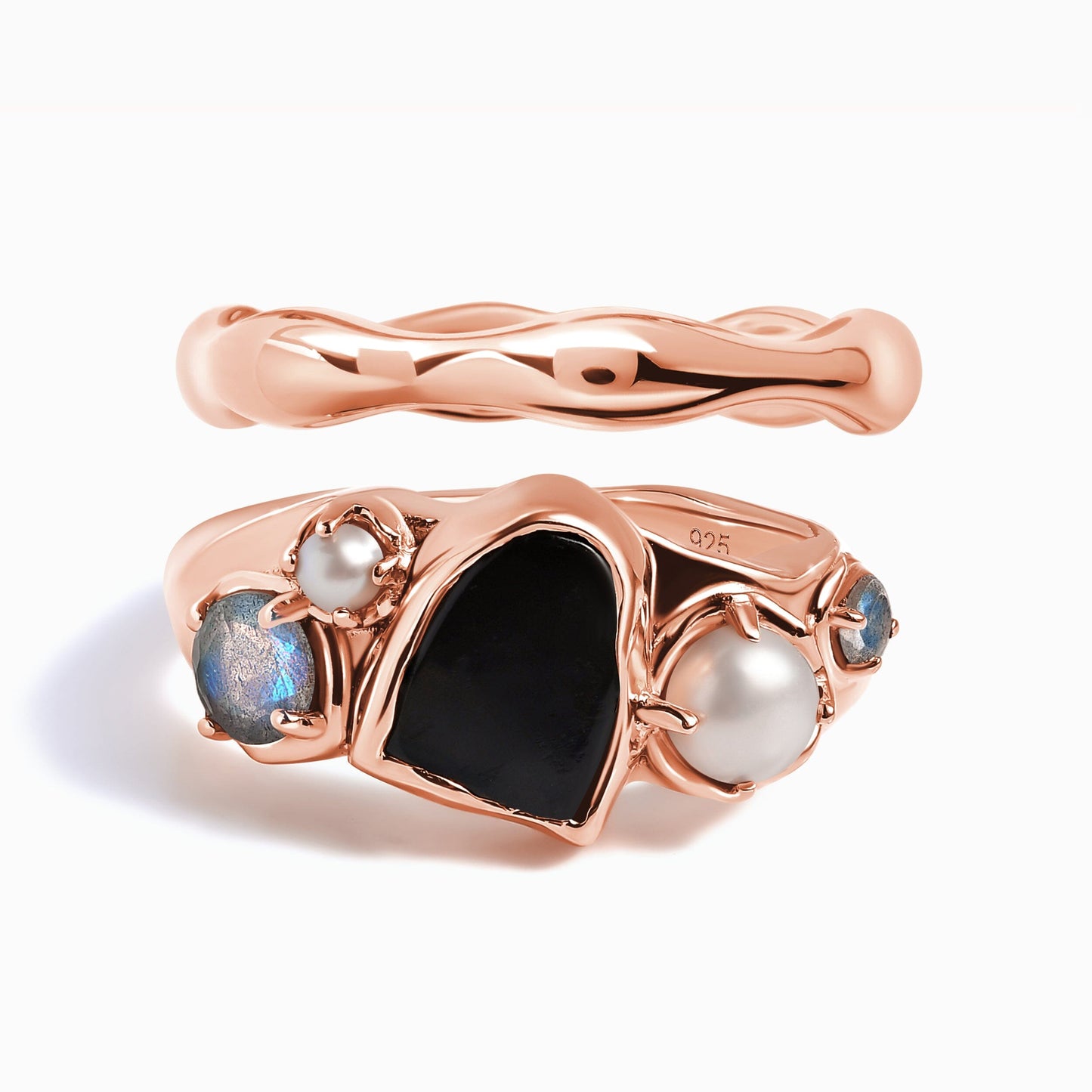 Black Obsidian Heirloom & Magma Rings - rose gold set