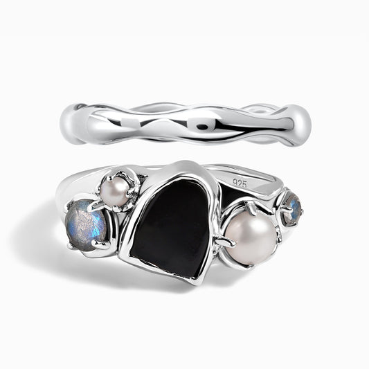 Black Obsidian Heirloom & Magma Rings - silver set