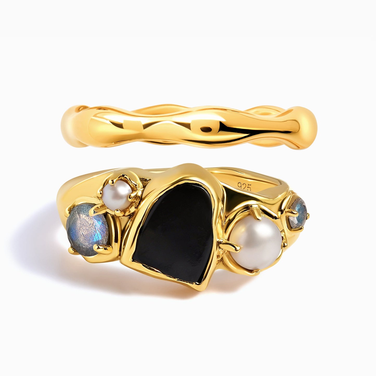 Black Obsidian Heirloom & Magma Rings - yellow gold set