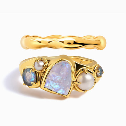 Moonstone Heirloom & Magma Rings - YG set