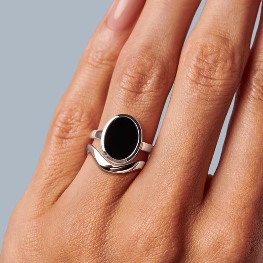 Enfolded Black Onyx & Waves Rings worn - silver