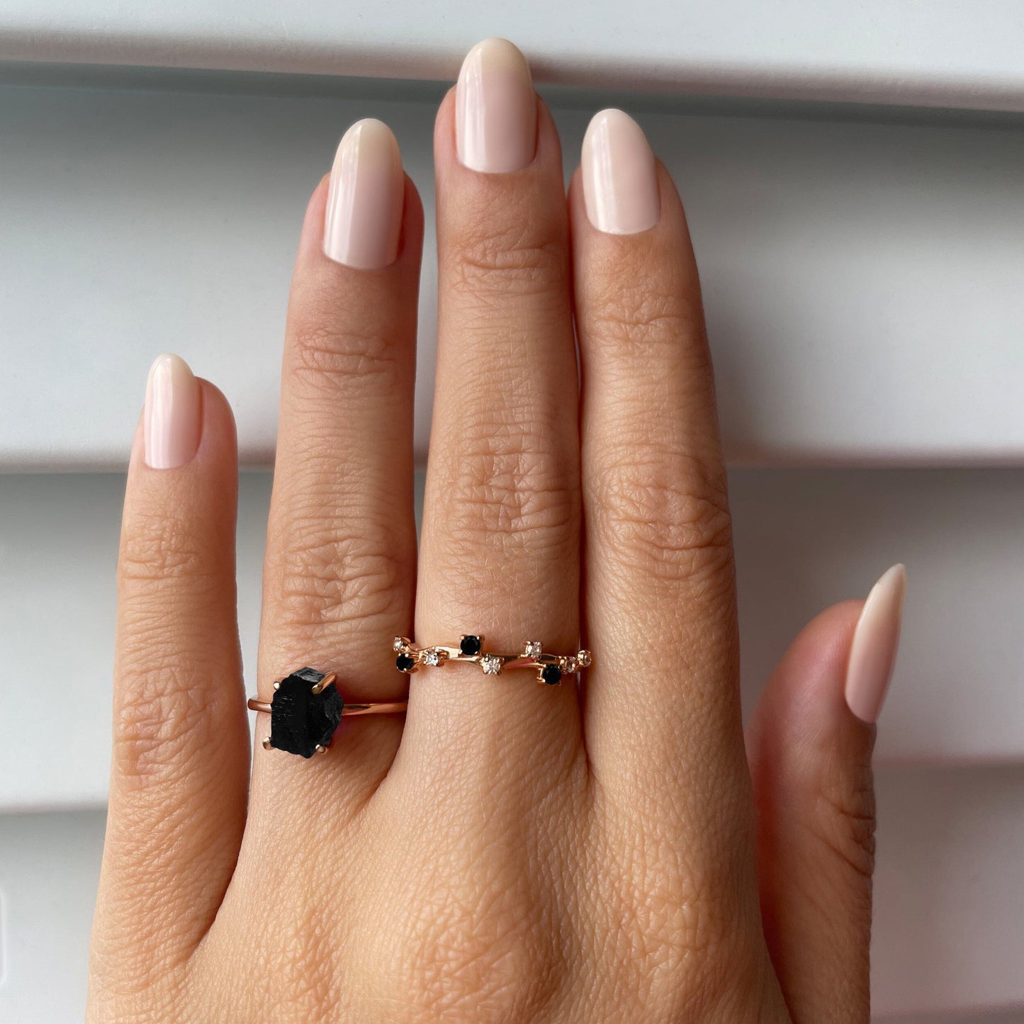 Petite Black Obsidian Ring rose gold worn 2