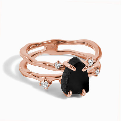 Black Obsidian Ring - Flow - rose gold vermeil