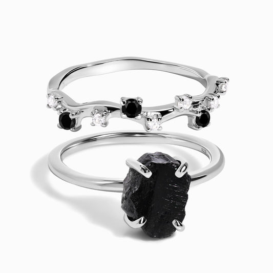 Petite Black Obsidian Ring Black Onyx Stardust Band silver