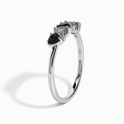 Black Obsidian Labradorite Ring - Crush - worn silver angle