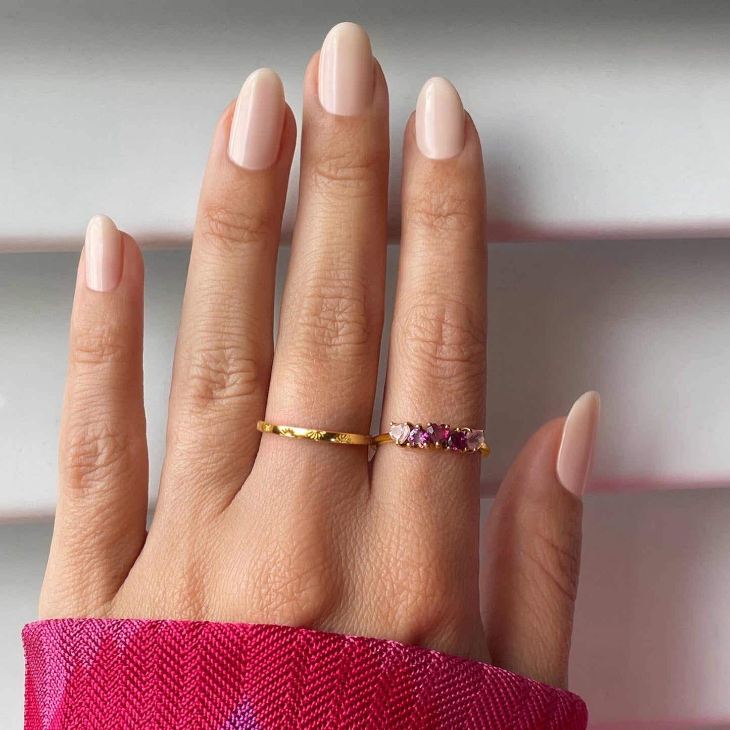 Rose Quartz Rhodolite Garnet Crush & Starry Rings - on hand yellow gold