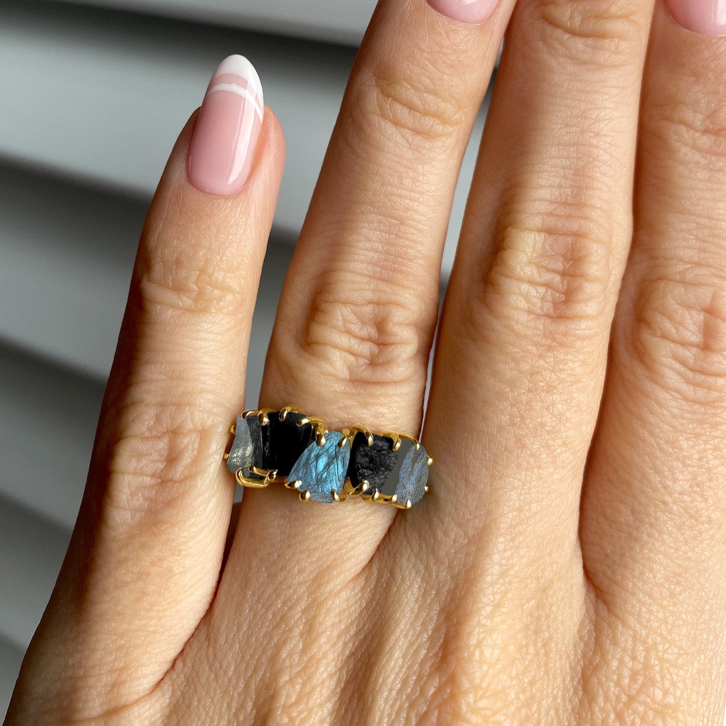 Raw Crystal Ring - Luminous Labradorite - worn yellow gold lifestyle