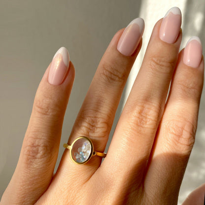 Moonstone Aquamarine Ring - Halo of Calm - yellow gold worn