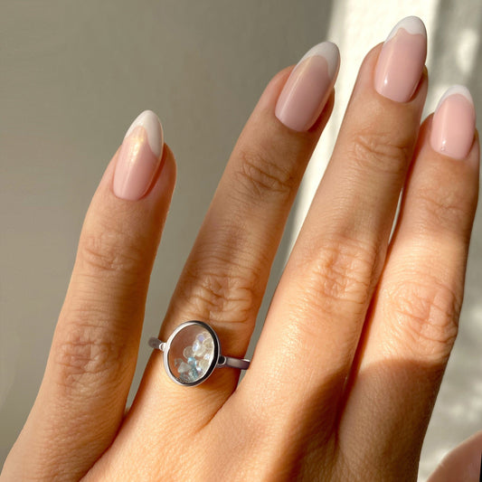 Moonstone Aquamarine Ring - Halo of Calm - silver worn