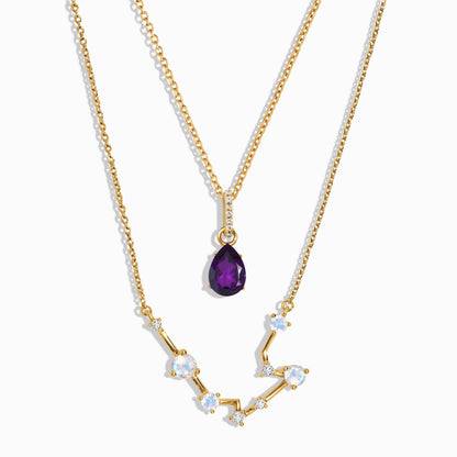 Aquarius zodiac and February birthstone necklace set yellow gold studio shot