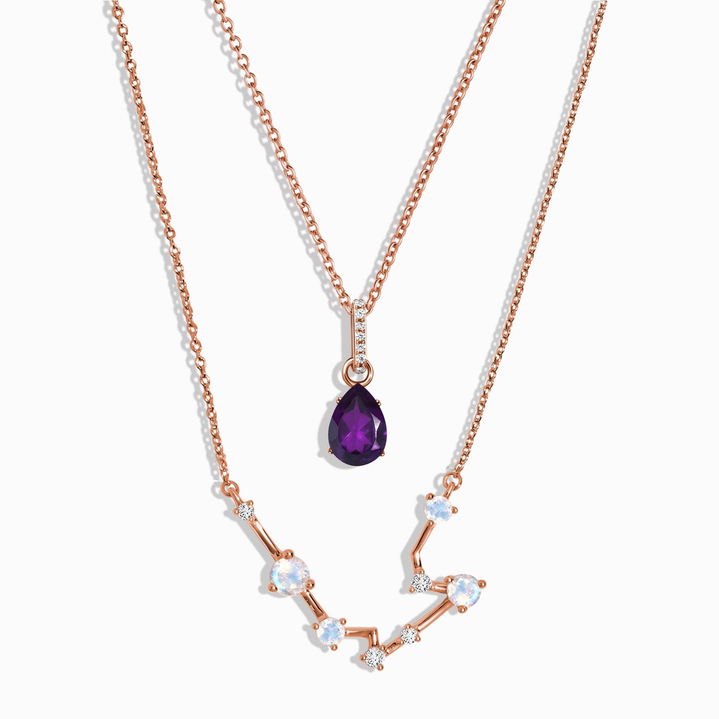 Aquarius zodiac and February birthstone necklace set rose gold studio shot