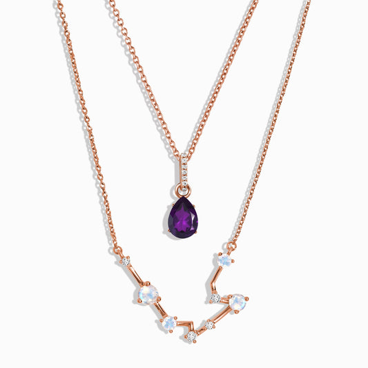 Aquarius zodiac and February birthstone necklace set rose gold studio shot